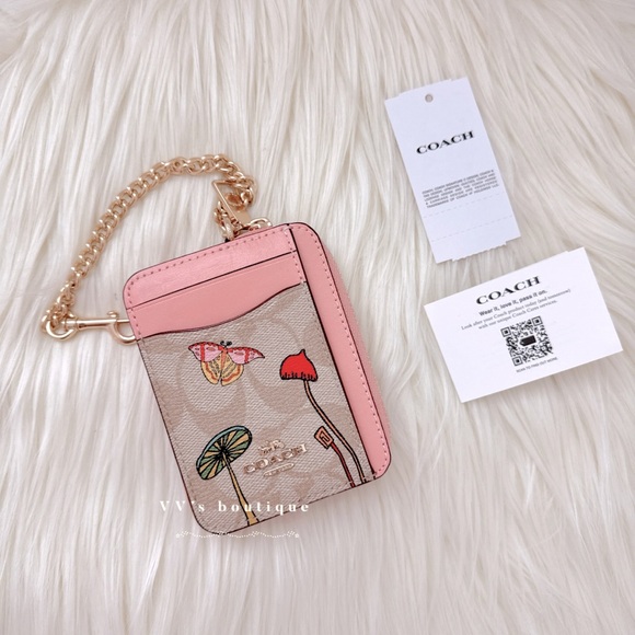 NWT Coach X Observed By Us Zip Card Case In Signature Canvas Lt Khaki Pink CU403 - Picture 1 of 5